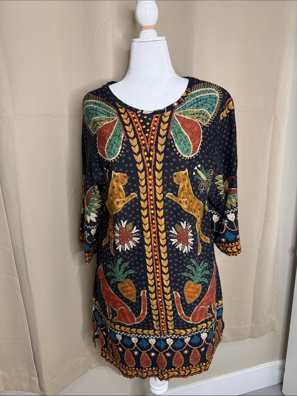 FARM RIO Boho Floral & Animal Print Tunic dress - Black with Multicolor
